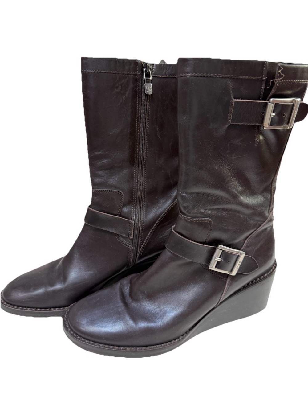 Donald J Pliner Brown Leather Wedge‎ Boots Side Zip Buckle Italy Womens 8M
